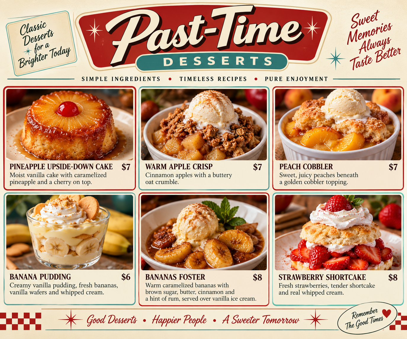 Past-Time Desserts full-color menu